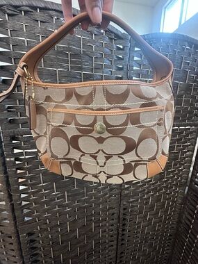 Coach Brown Signature Logo Shoulder Bag with Tan Trim